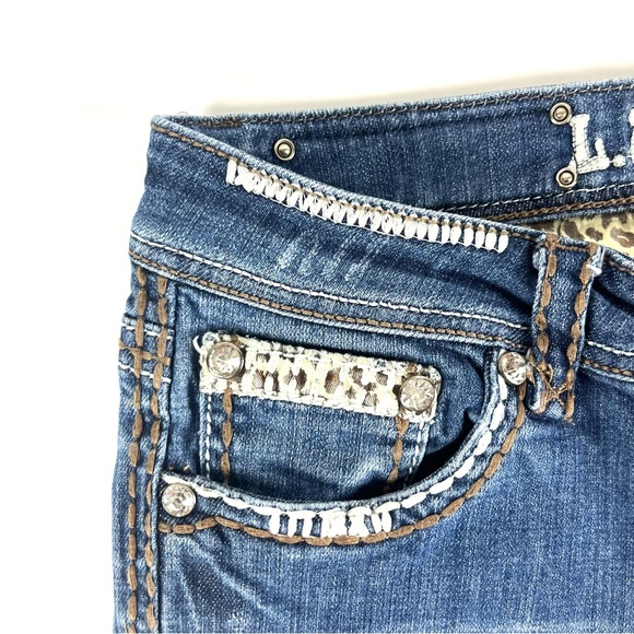 LA Idol USA Leopard Pocket Rhinestone Studded Medium Wash Skinny Jeans - Picture 7 of 9